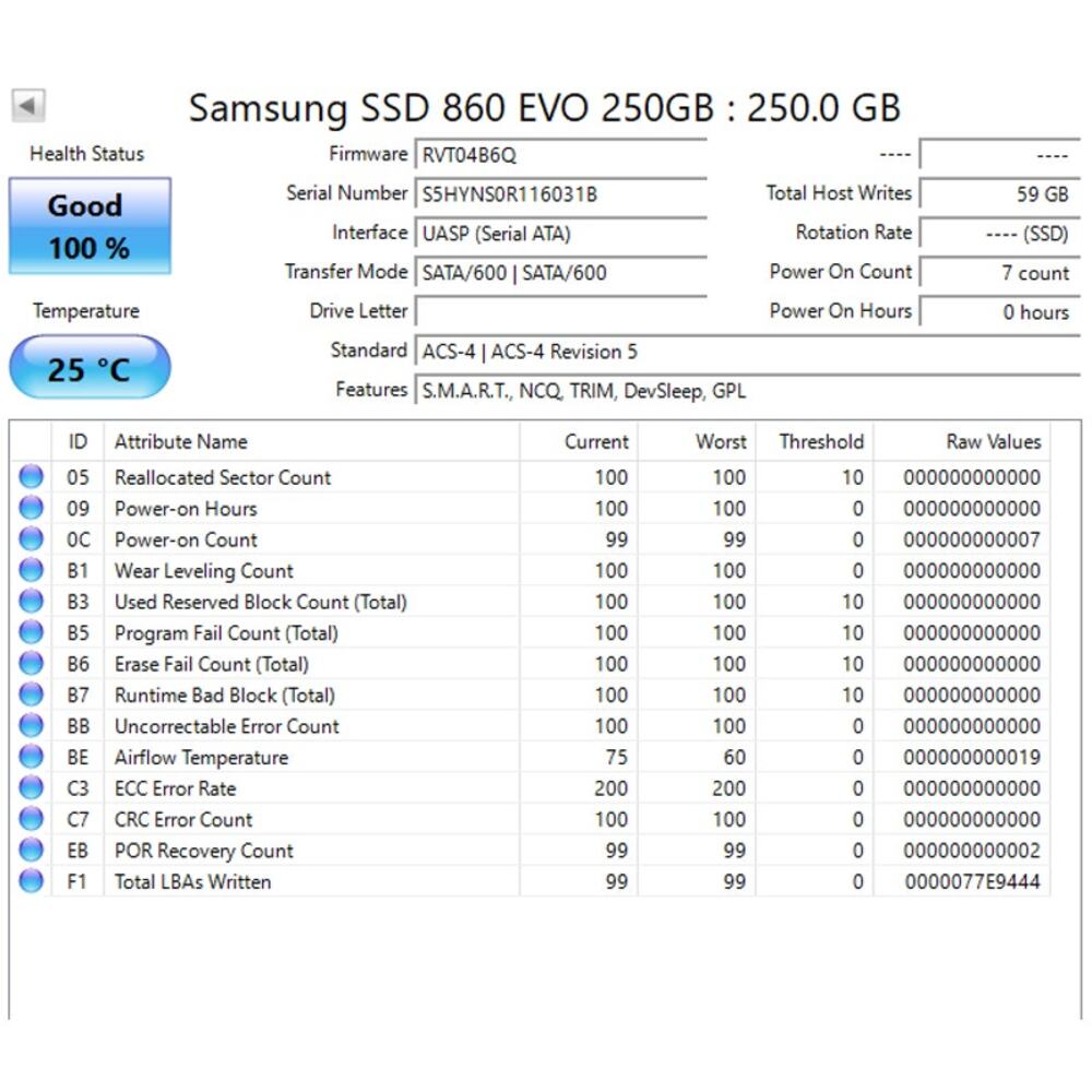 (100% Health, 60GB Write) Samsung 860 EVO 250GB SSD MZ-76E250 2.5" SATA III SSD - Picture 4 of 4